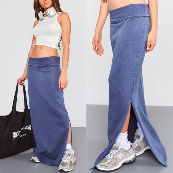 NWT PrettyLittleThing Blue Acid Wash Cotton Fold Over Maxi Skirt Size 4 - Picture 1 of 10